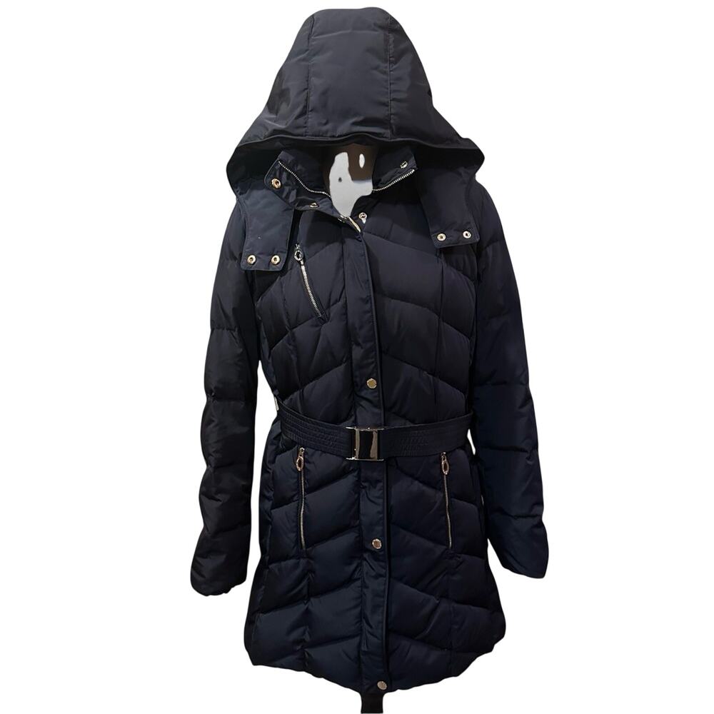 Ivanka Trump Down Jacket Puffer Women’s Large Black & Gold Zip Hooded Belted‎